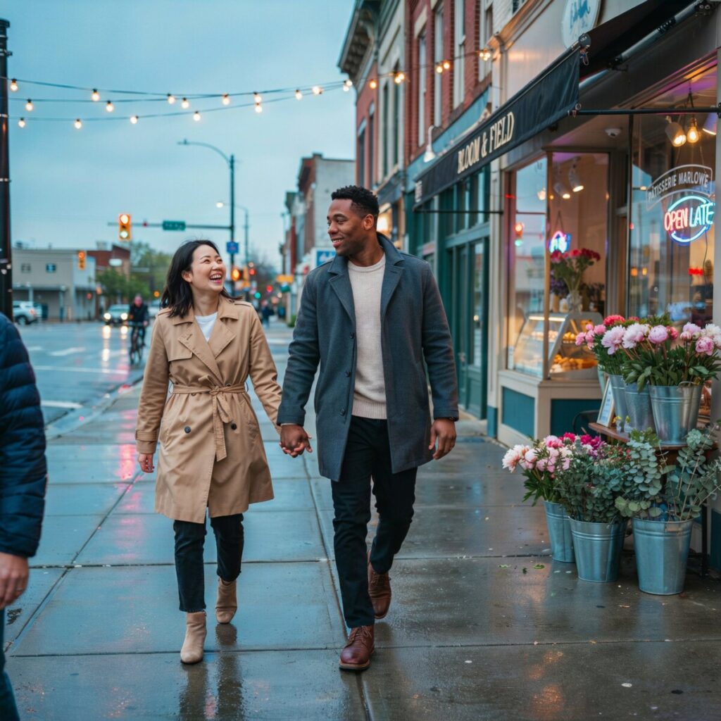 Date night outfit inspiration featuring stylish date looks for couples on a city street