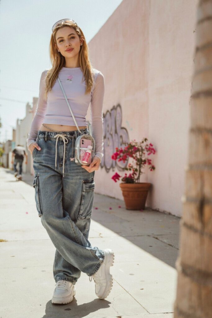 Nava Rose-inspired Y2K streetwear with cargo pants and platforms.