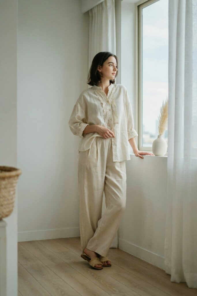 Sophie Kim-inspired sustainable minimalist lace and linen outfit.
