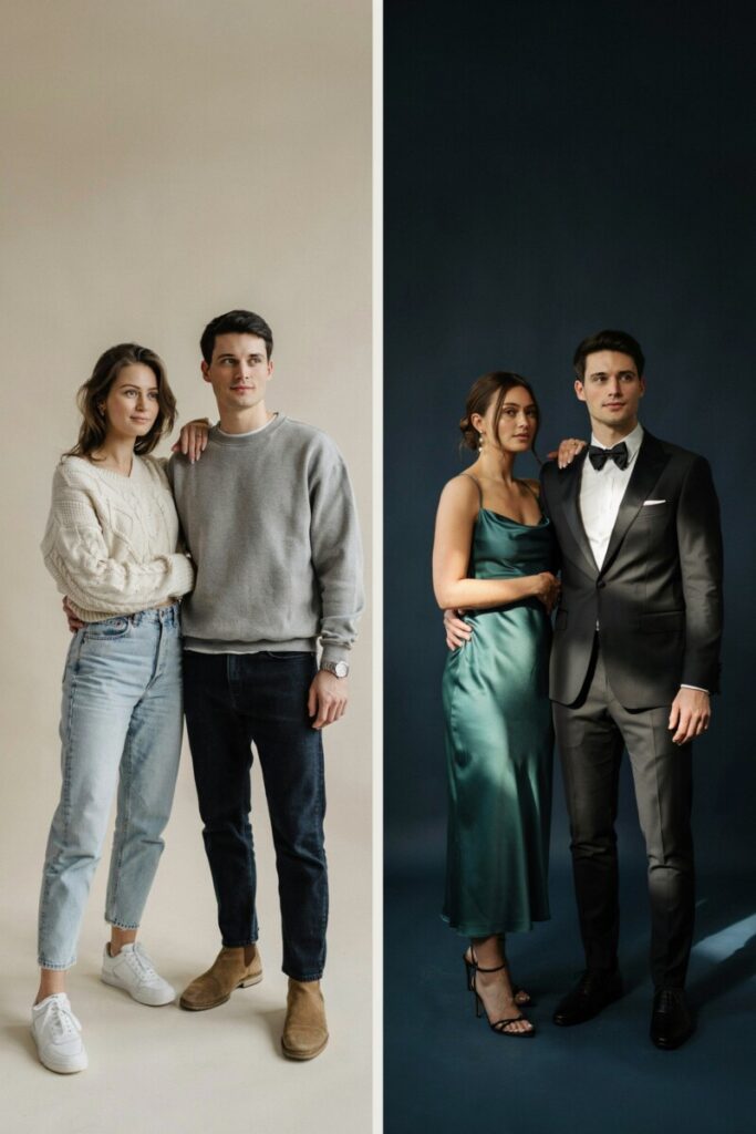 Style comparison showing casual date outfits versus romantic date outfits for a special occasion