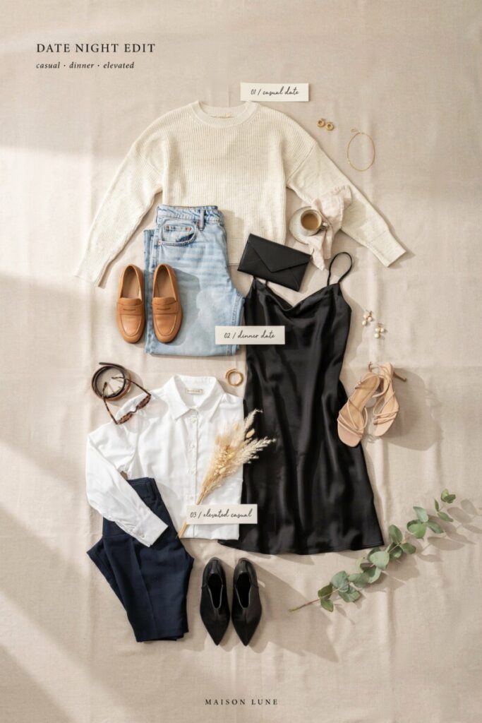 Three curated date night outfits laid out flat, showcasing casual date outfits and dinner date outfits