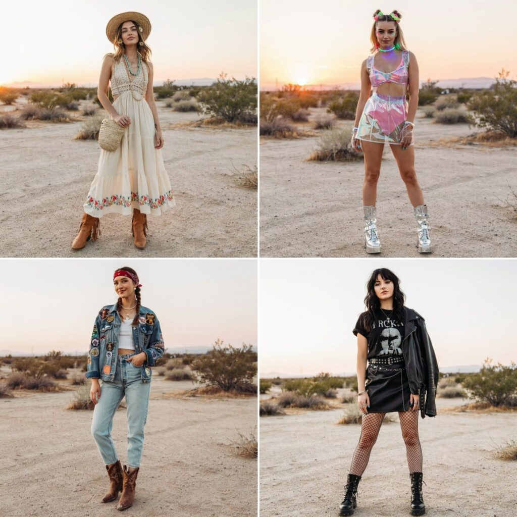 music festival outfits collage featuring boho, rave, country, and rock styles